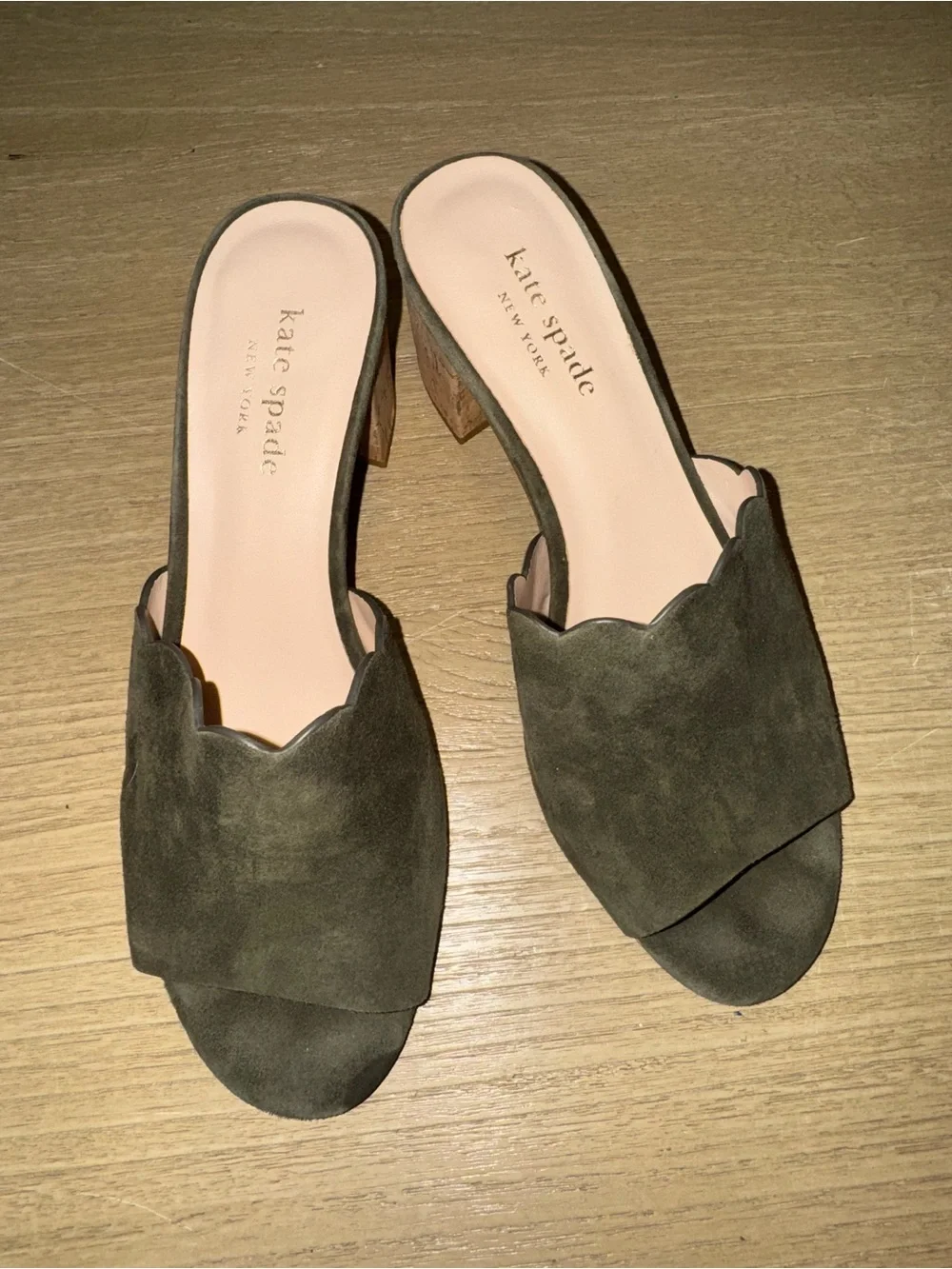 Kate Spade New York Olive Suede Scalloped Warren Block Heels - Picture 2 of 4